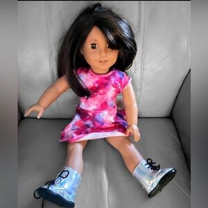 American Girl Doll with Pink Dress and Silver Boots Brown eyes with book